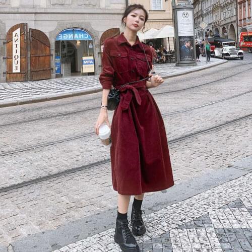 2020 Women Causal Loose Maxi Corduroy Dress Spring Autumn Long Sleeve High Street Dresses