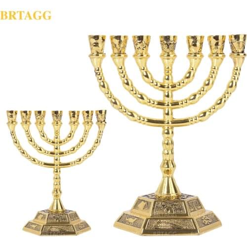 BRTAGG 12 Tribes Of Israel Menorah Jerusalem Temple 7 Branch Jewish Candle Holders Crismas Holy Land Gift