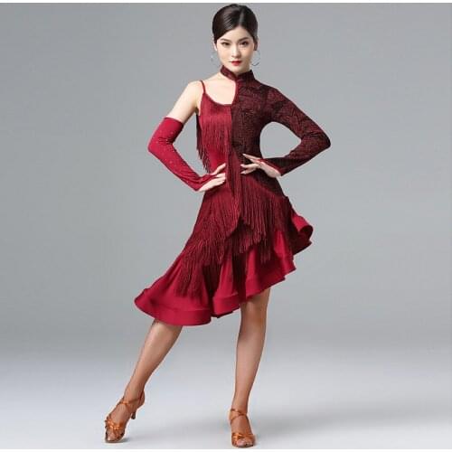 One-Piece Latin Dance Competition Dresses Women Salsa Samba Sling Dress Finger Loops Rhinestones Sleeves Girls Fringes Costume