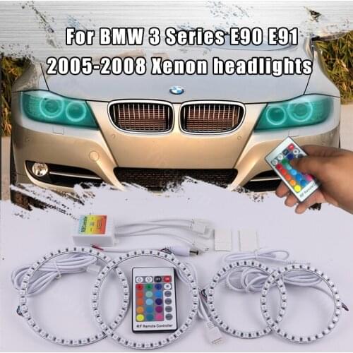 For BMW 3 Series E90 E91 05-08 Xenon Headlights Daytime Running Light DRL Angel Eyes LED RGB Multi-color Headlight Halo Ring Kit