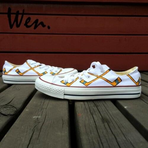 Wen Original Hand Painted Shoes Hockey Stick Design White Low Top Canvas Sneakers Women Platform Plimsolls Men Skateboard Flat