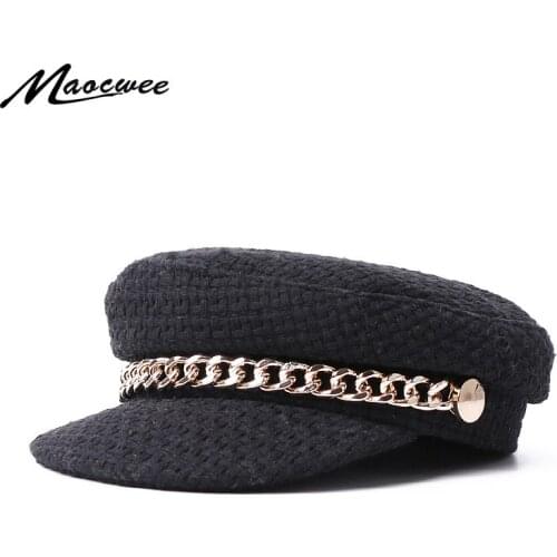 Military Cap Women Hats Army Hat Sailor Gold Necklace Decoration Newsboy Unisex Solid Color Black Spring Autumn fashion Girl