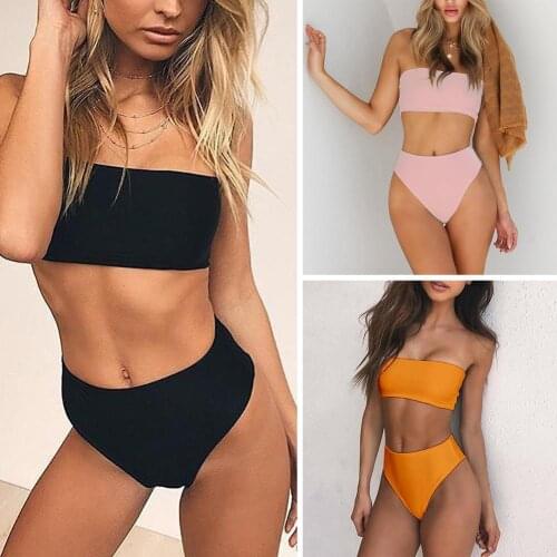 2pcs Women Bikinis Set Solid Color Sexy Tube Top Bandeau High Waist Panties Set Swimwear Women Swimming Suit biquinis feminino