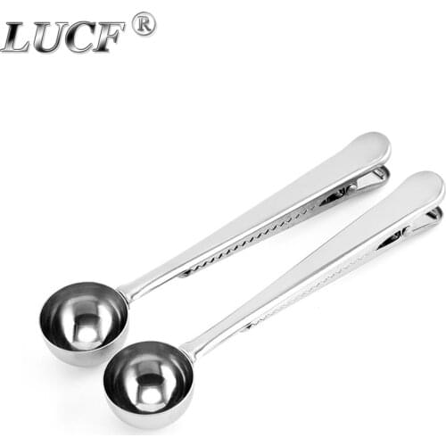 LUCF 2 in 1 Function Stainless Steel Coffee Spoon with Sealing Clip Powder Tea Measuring Scoop Metal Food Clamp Kitchen Gadget