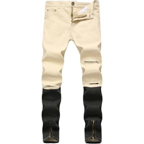 Holes Mens Knee Washed Destroyed Jeans Skinny Ripped Zippers Elastic Distressed Pants For Men High Quality Us Size 28-42