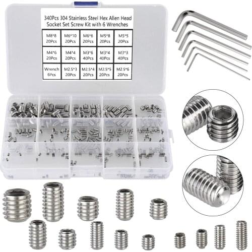 50/200/340Pcs Metric M3 M4 M5 M6 M8 Allen Head Socket Hex Grub Screw Set Cup Point Assortment Kit Wooden Box Hardware Accessorie