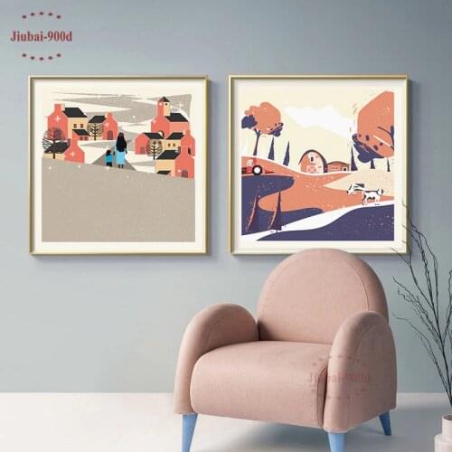 Nordic Abstract Ldyllic Country Landscape Wall Art Canvas Painting Field Mountain Art Poster Print Wall Picture for Living Room