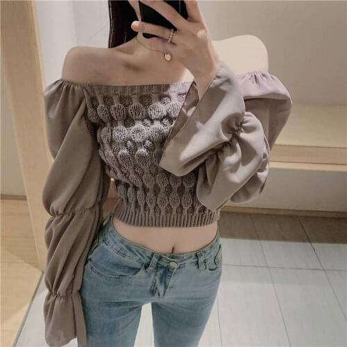 New Womens Chic Retro Square Collar Long Puff Sleeve Stitched Knit Sweater Short Tops Blouse Shirts G1098