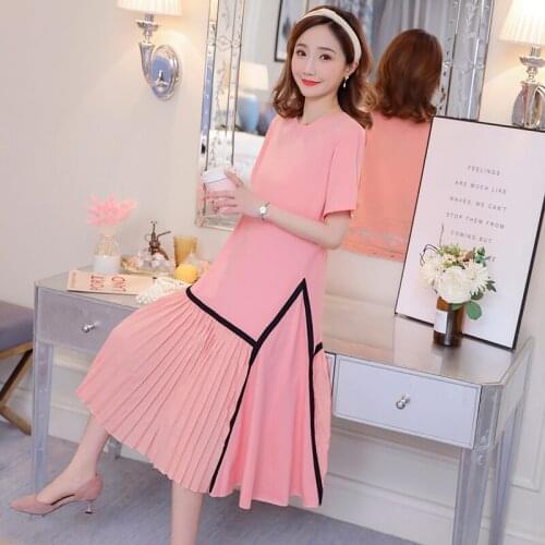 2019 Summer Maternity Short Sleeve Knit Cotton Patchwork Pleated Chiffon Zip Lactation Dress Pregnant Women Breastfeeding Dress