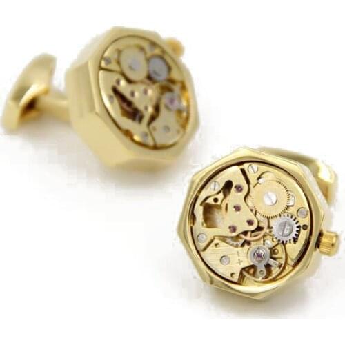 Letpon Movable Watch Movement Cufflinks for mens polygon Gold color Steampunk Gear Watch Mechanism Cuff links Relojes gemelo