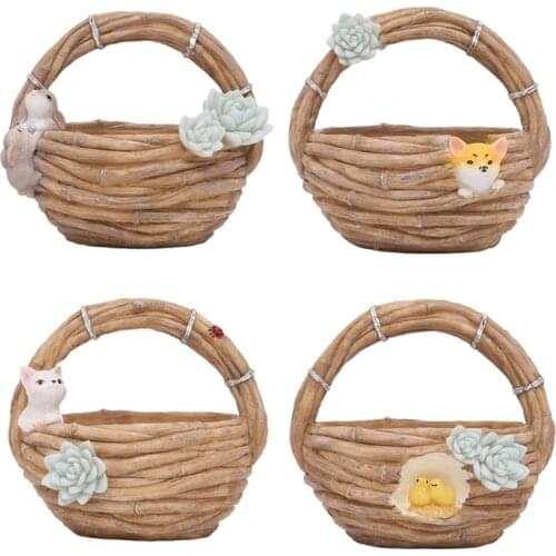 Succulent Planter Simulation Bamboo Basket Flowerpot Plant Pot Resin Vase Container Home Garden Decor