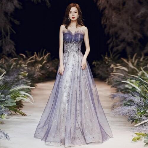 Luxury Sexy Purple Tube Top Sequined Banquet Evening Dress Female Host Celebrity Birthday Party Bridesmaid Fairy Dress A137