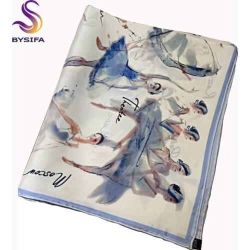 [BYSIFA] New Elegant Blue White Silk Scarf Summer Fashion Ballet Girl Pattern Pure Silk Square Scarves Head Accessories 70*70cm