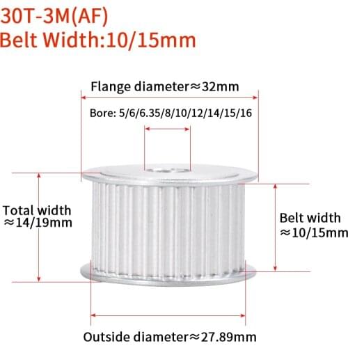 30 Teeth HTD 3M Synchronous Timing Pulley Bore 5/6/6.35/8/10/12/14/15/16mm for Width 10/15mm 3M belt HTD3M alloy pulleyAF/BF 30T