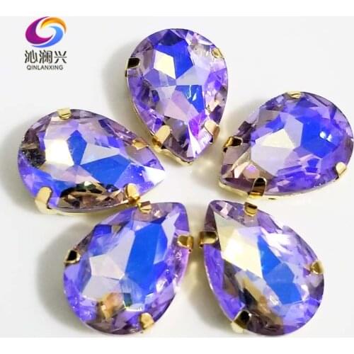 Super beauty Golden bottom Crystal violet AB color DR shape Glass Crystal sew on claw rhinestones,Diy Clothing accessories