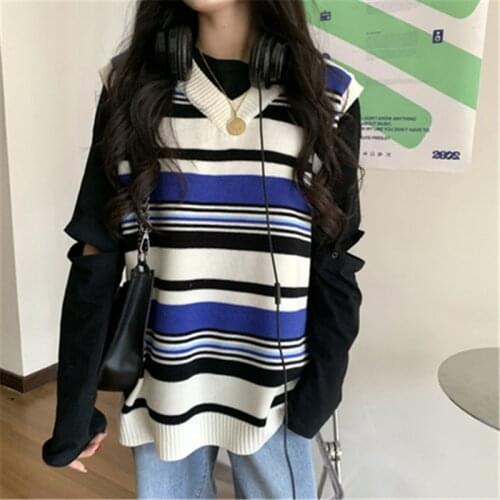 Hit Color Stripe Knit Vests Women Fall Korean New Casual Loose V-neck BF Sweater Sleeveless Femme Oversize Comfort Pullover Vest