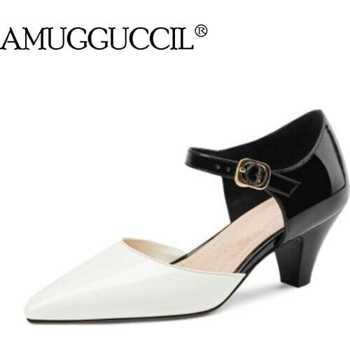 2020 New Genuine Leather Plus Big Size 31-45 White Black Buckle Fashion Mid Heel Female Lady Women Mary Janes Shoes Pumps D1343