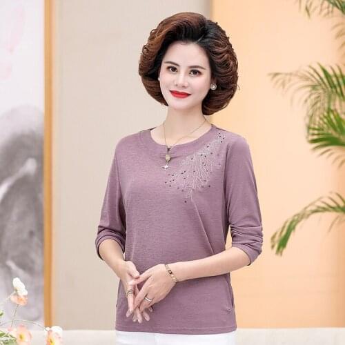 2021 Women Spring Fall T-shirt Embroidery Womens T shirt Middle-aged Mother Clothes Plus size XL-5XL Female Tee Tops