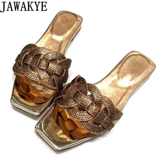 New Braided Real Leather Beach Slippers for Woman Peep Toe Weaving Crystal Flat Slippers Candy Color Summer Sandals Women