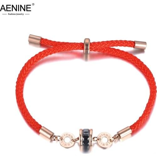 AENINE Ethnic Stainless Steel White & Black CZ Crystal Roman Number Charm Bracelets For Women Red Rope Bracelet Jewelry AB19010