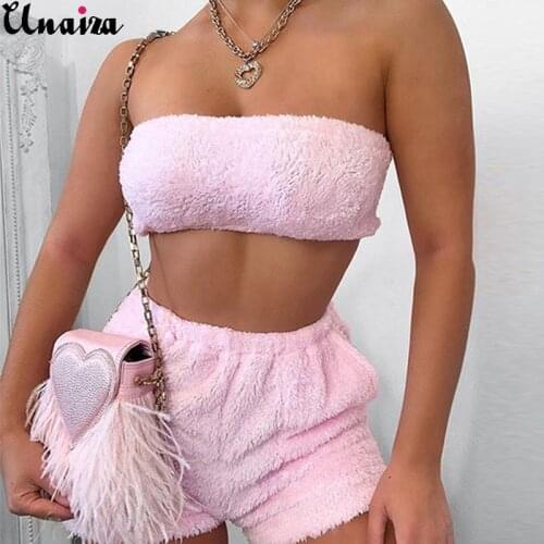 UNAIZA Female Casual Suit 2020 New Women Fashion Plush Wrap Chest Sweater Casual Shorts Two-Piece Suit Women Sexy Solid Clothes