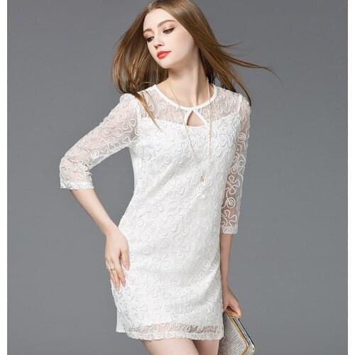 SoftFox New Fashion Hot Sale Women Three Quarter Sleeve Lace Dress Elegant Vintage for Party Vestidos Autumn Dress Free Shipping