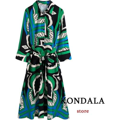 KONDALA Za 2021 Vintage Green Floral Fashion Autumn Midi Shirt Dress Long Sleeve Single Button Sashes Dress Elegant Vestidos