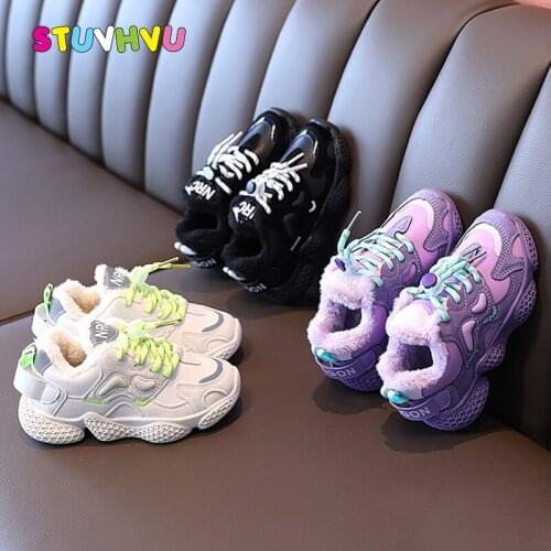 Childrens Shoes Girls Sports Shoes Boys Running Sneakers 2020 Autumn and Winter New Plus Velvet Warm Kids Cotton Shoes Non-slip