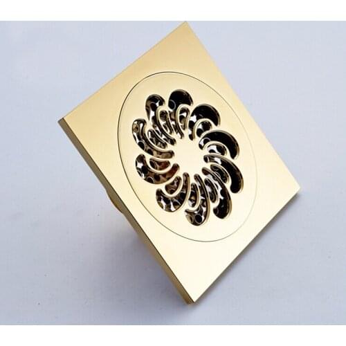 L16068 Luxury Brass Floor Drain, Gold Color Square Drain, 10*10CM Artistic Drainer