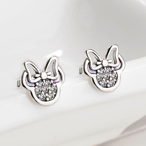 Hot Sale Mini Cute Mouse Earrings Stud Bow Cartoon Anime Fashion Jewelry Wholesale Lovely Clear Crystals Accessories for Girls