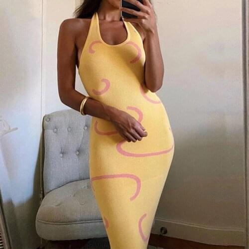 Fashion 2021 Knitted Bodycon Dress vintage Women Y2K Halter Neck Summer Yellow Sleeveless Midi Backless Party Sexy Dresses Beach