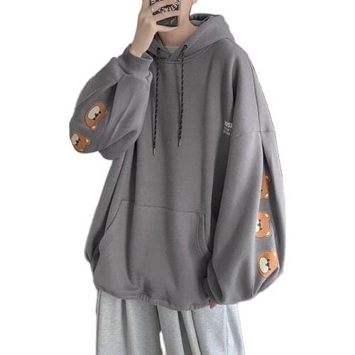 2021 Spring Autumn Men Oversized Hooded Coat Fashion Hip Hop Cartoon Bear Print Hoodie Fleece Casual Loose Streetwear