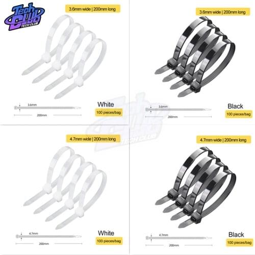 100PCS/Pack 4x200 5x200mm Nylon Cable Ties Black And White Thickened Insulation Plastic Cable Tie English Neutral Standard