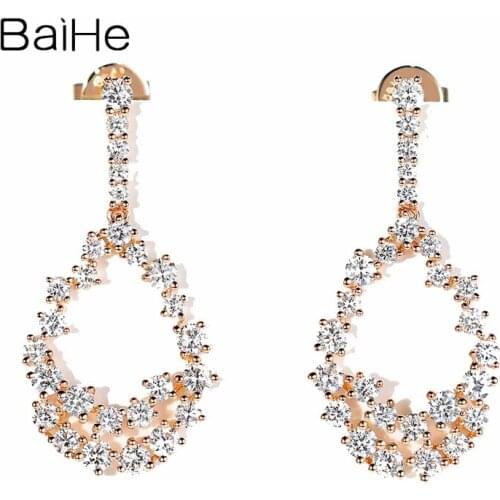 BAIHE Solid 14K Rose Gold 1.2ct H/SI Round Natural Diamond Wedding Gift Trendy Fine Jewelry Drop diamond Stud Earrings for Women