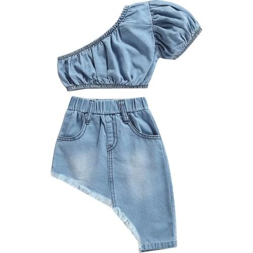 1-5Y Fashion Girls Denim Clothes Set Summer Solid Color Short Sleeve Off-shoulder Cropped Tops Irregular Hem Skirt 2pcs Outfits
