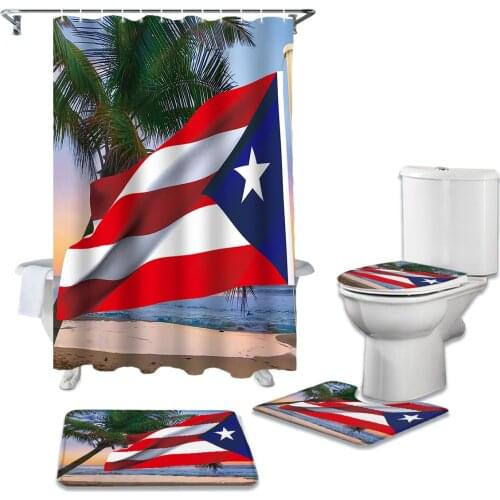 Palm Tree Puerto Rico Flag Beach Shower Curtain Set Bathroom Bathing Screen Anti-slip Toilet Lid Cover Carpet Rugs Home Decor