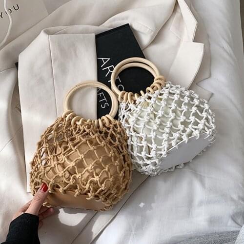 Ring Portable Woven Bucket Bag Women Hollow Out Drawstring Soft-Faced Handbag WomenS Korean Style Solid Fashion Handbag Woman