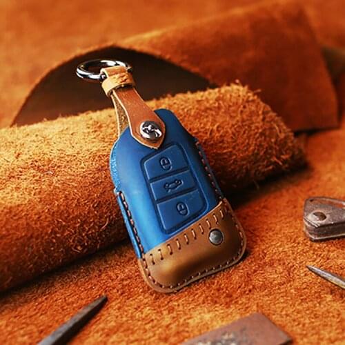 Leather Handle Remote Control Car Keychain Key Cover for Volkswagen Tiguan Lingdu Langyi Bora Crazy Horse Leather 3 Button Key S