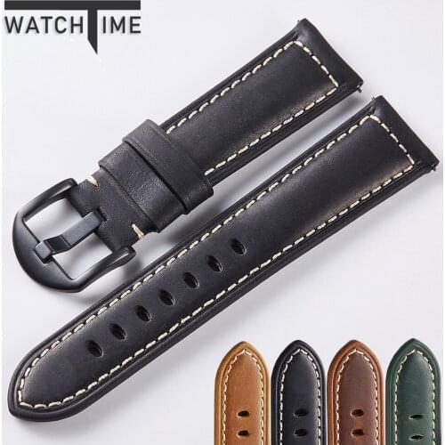New Black Genuine Leather Strap for Men 22mm Vintage Crazy Horse Calf Leather Watchband 24mm Top Quartz Wristwatch Bracelet 20mm