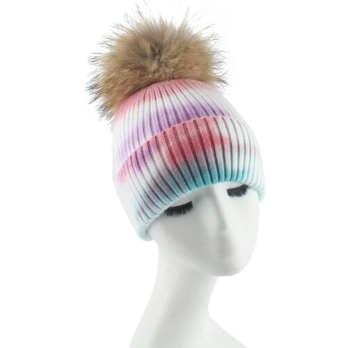 Real Fur Pompom Wool Hat Winter Luxury Brand Womens Hat Tie Dye Color Print knitted Beanies Bonnets For Women Hip Hop Caps