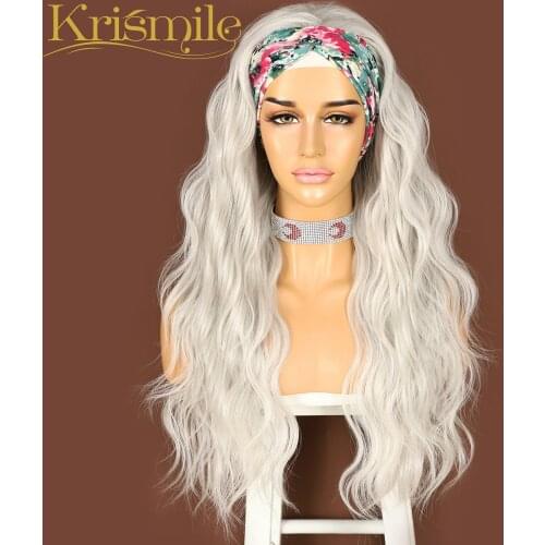 Water Wave 60# Headband Silver White Wig Long Daily Party Travel Holidays No Gel Glueless Wig for Women Drag Queen 2 Free Bands