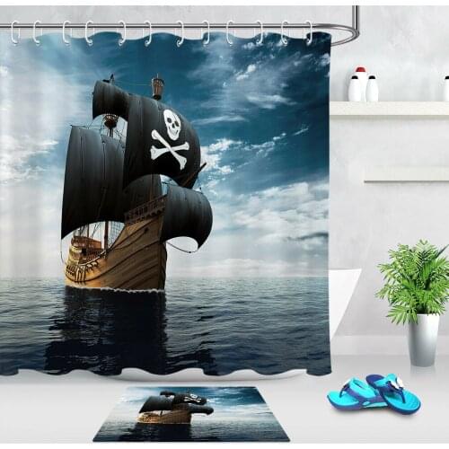 Polyester Fabric Shower Curtain Liner Retro Caribbean Pirate Ship Bathroom Decor