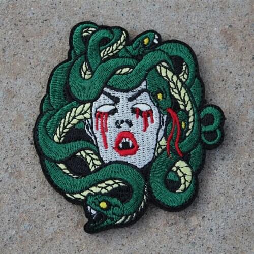 Green Snake Head Queen Medusa Embroidered Patches Red Blood Tears Lips DIY Armband For Jacket Bag Sticker Badges Emblem Decor