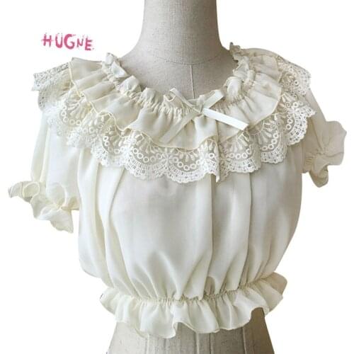 2019 Womens Chiffon Top Summer Short Sleeve Blouse with Lace Detailing