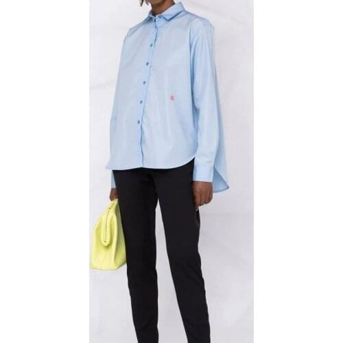 Woman Blue Oversized Shirt Front Red Monogram Embroidered Fashion Tops A-line Buttoned Cuffs 2022 Sprint Autumn