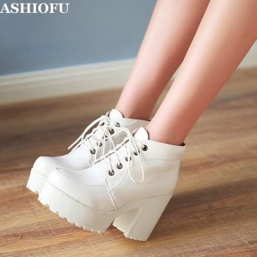 ASHIOFU 2020 New Handmade Womens Block-heeled Boots Thick-sole Party School Ankle Booties Lace-up Winter Fashion Short Boots