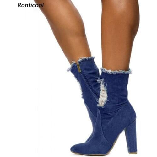Ronticool 2021 Handmade Women Ankle Boots Denim Side Zipper Block Heels Round Toe Black Blue Casual Shoes Plus US Size 5-15