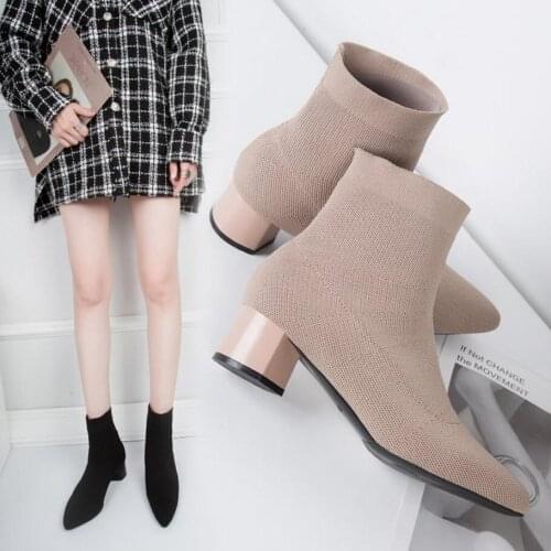 Elastic weaving ankle boots women pointed toe med high heels bota feminina designer ladies stretch knitting winter boots 180