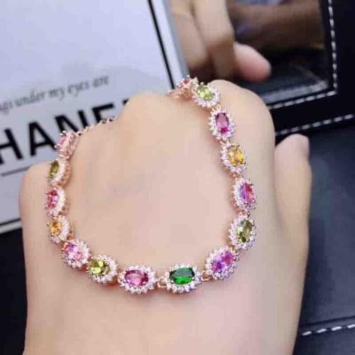 Natural Tourmaline Chain Bracelet for Women S925 Silver Top Quality Fine Jewelry Real Multicolored Gemstones Certificate R74