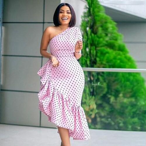 Sexy One Shoulder Irregular Pink Dress Women Print Polka Dot High Waist Slim Ruffles Bodycon Long Dresses Summer Event Club Dres